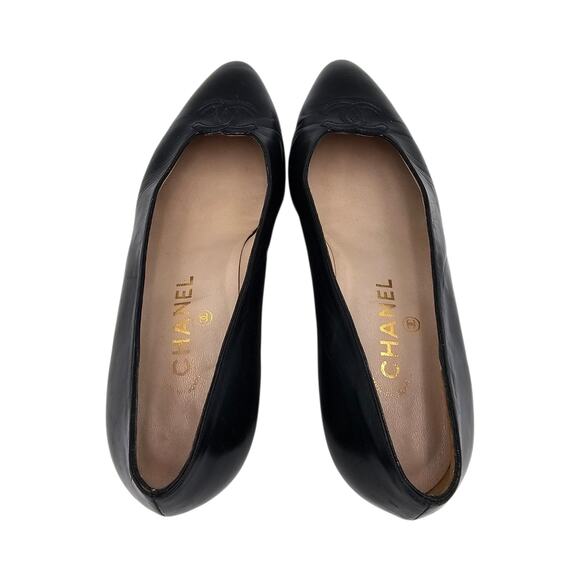 Chanel CC Vintage Kitten Heel Pump Black Leather Pointed Toe Size 37.5 US 6.5 7 - Picture 5 of 12